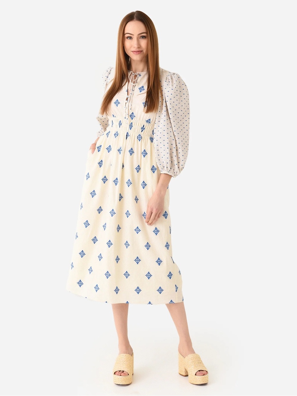 Hunter Bell Clementine Dress NWT Blue Print Midi Puff Sleeve Smocked Size M